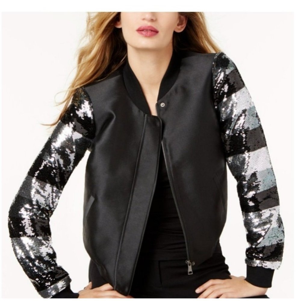 SB by Sachin + Babi Black Jacket with Silver & Black Sequin Sleeves size Small